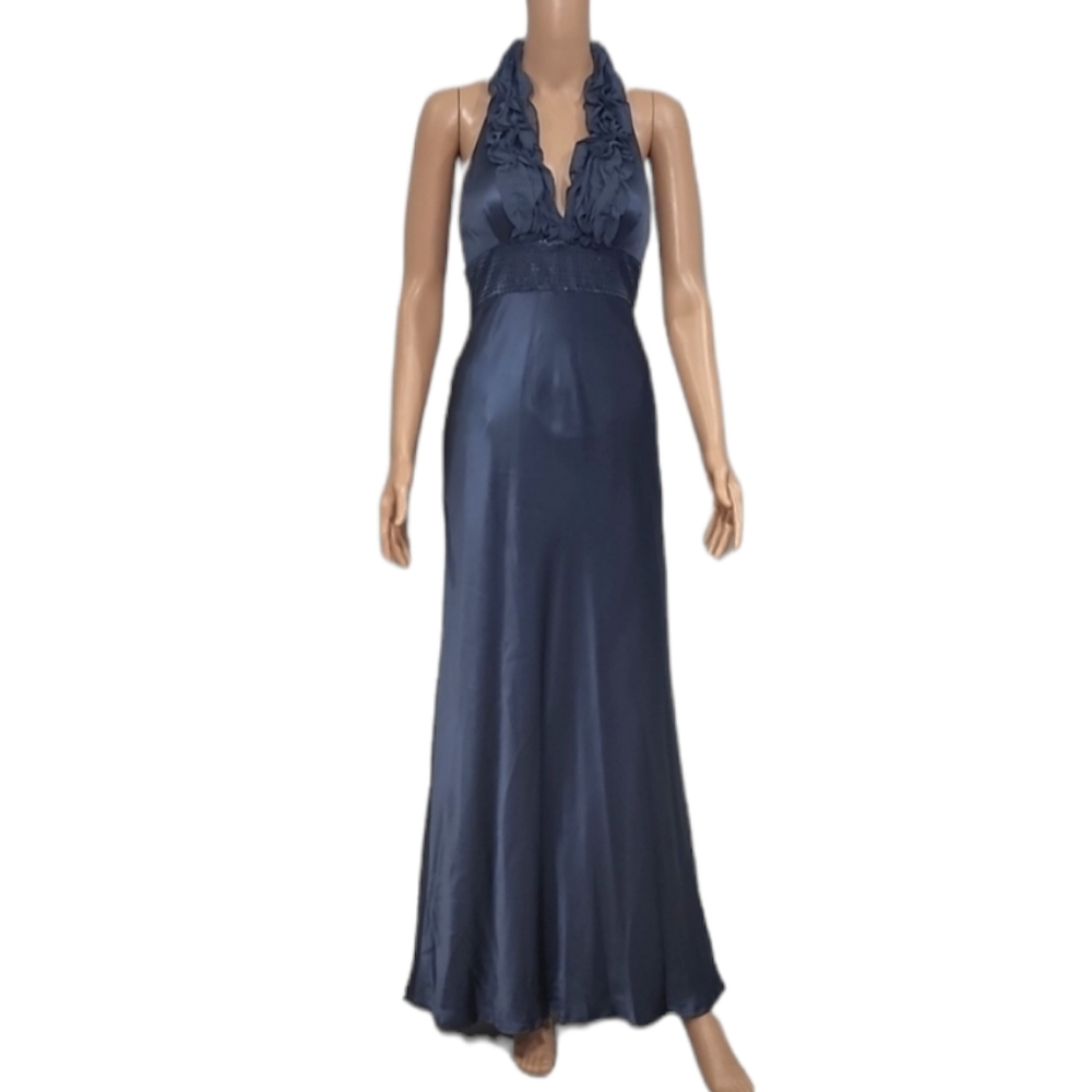 Adrianna Papell Women's Silk Maxi Dress Cocktail/Party V Neck  Ruffles Dark Sz 4